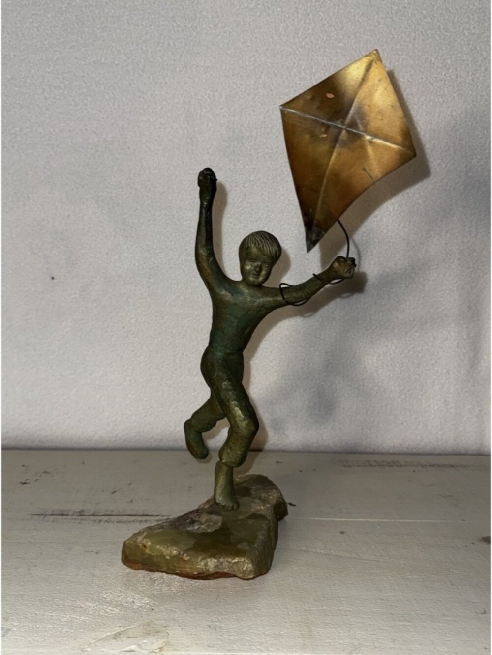 Vintage Malcom Moran Bronze Sculpture Green Onyx Base 70’s Heavy MCM Patina Boy